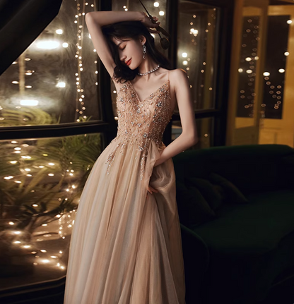 Elegant Nude Apricot A-line Spaghetti Strap V-neck Beaded Tulle Long Prom Dress Evening Dress P4474