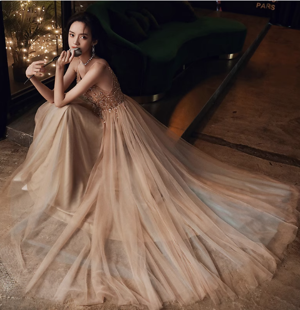 Elegant Nude Apricot A-line Spaghetti Strap V-neck Beaded Tulle Long Prom Dress Evening Dress P4474