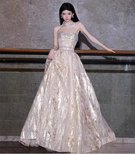 Gorgeous Champagne Gold Strapless A-line Beaded Tulle Long Prom Dress Evening Dress P4475