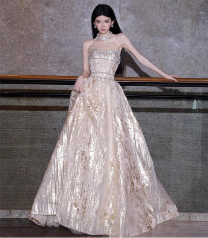 Gorgeous Champagne Gold Strapless A-line Beaded Tulle Long Prom Dress Evening Dress P4475