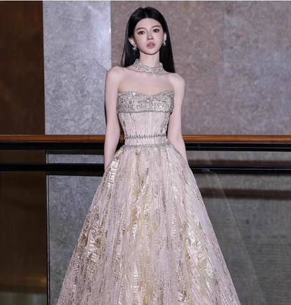 Gorgeous Champagne Gold Strapless A-line Beaded Tulle Long Prom Dress Evening Dress P4475