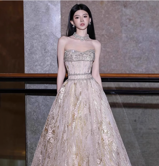 Gorgeous Champagne Gold Strapless A-line Beaded Tulle Long Prom Dress Evening Dress P4475