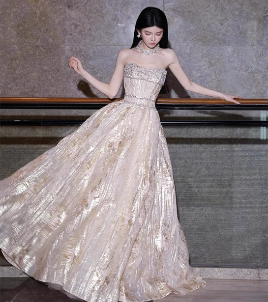 Gorgeous Champagne Gold Strapless A-line Beaded Tulle Long Prom Dress Evening Dress P4475