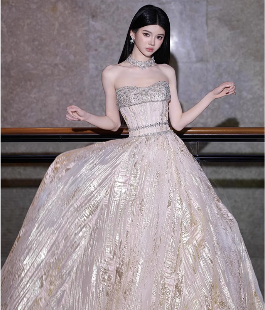 Gorgeous Champagne Gold Strapless A-line Beaded Tulle Long Prom Dress Evening Dress P4475