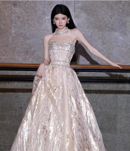Gorgeous Champagne Gold Strapless A-line Beaded Tulle Long Prom Dress Evening Dress P4475