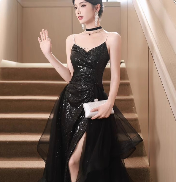 Sexy Black Spaghetti Strap V-neck Split Sequined Tulle Long Prom Dress Evening Dress P4476