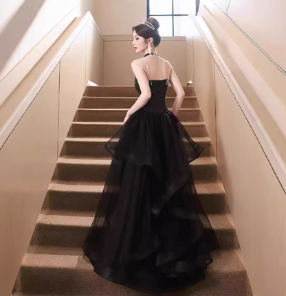 Sexy Black Spaghetti Strap V-neck Split Sequined Tulle Long Prom Dress Evening Dress P4476