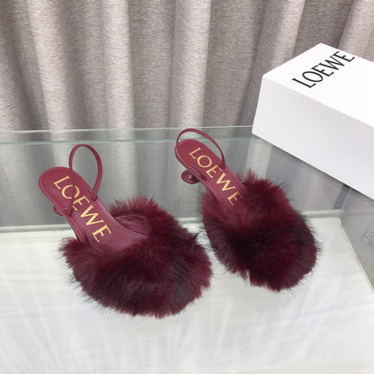 Loewe 25SS Fur-lined Mule 60 Burgundy in Fox Fur 597437