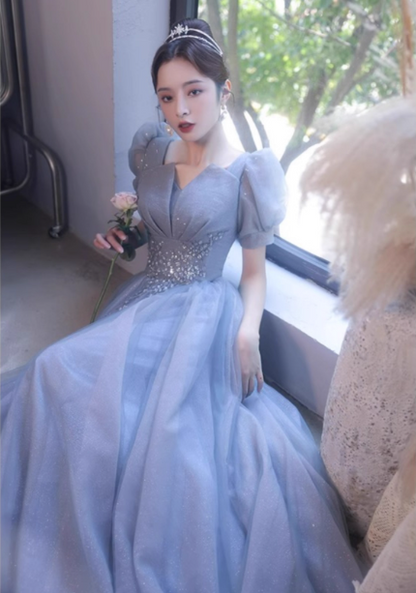 Princess Light Haze Blue Puff Sleeve A-line Tulle Long Prom Dress Evening Dress P4477