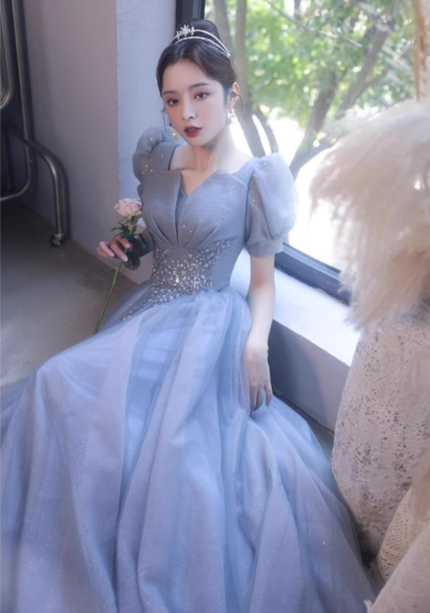 Princess Light Haze Blue Puff Sleeve A-line Tulle Long Prom Dress Evening Dress P4477