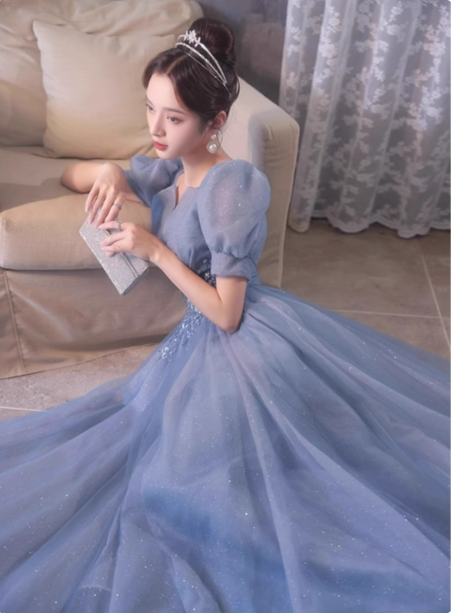 Princess Light Haze Blue Puff Sleeve A-line Tulle Long Prom Dress Evening Dress P4477
