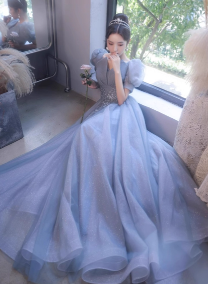 Princess Light Haze Blue Puff Sleeve A-line Tulle Long Prom Dress Evening Dress P4477