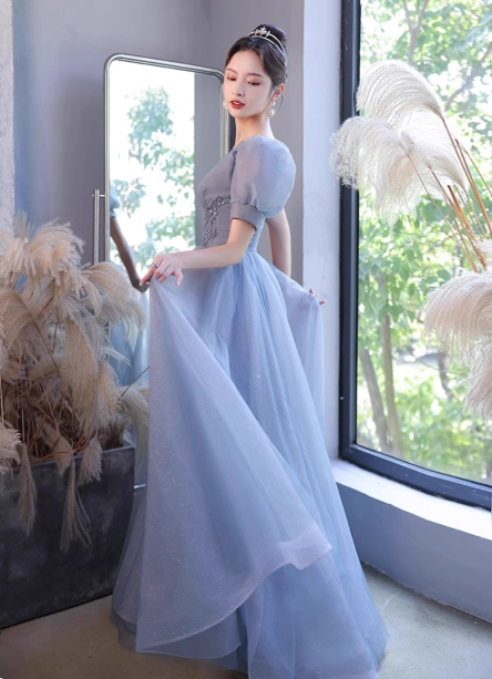 Princess Light Haze Blue Puff Sleeve A-line Tulle Long Prom Dress Evening Dress P4477