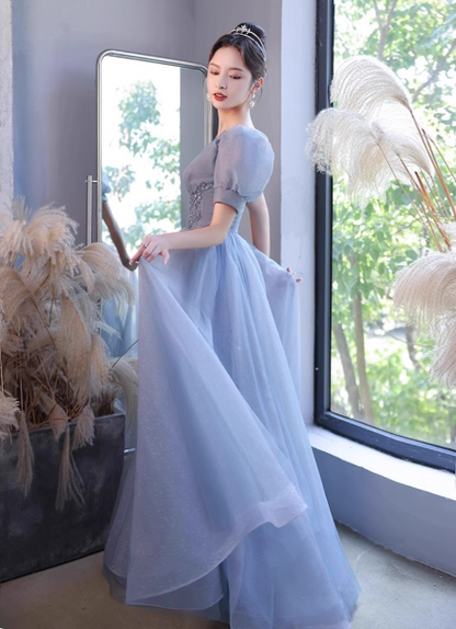 Princess Light Haze Blue Puff Sleeve A-line Tulle Long Prom Dress Evening Dress P4477