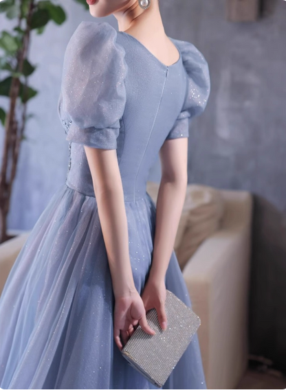 Princess Light Haze Blue Puff Sleeve A-line Tulle Long Prom Dress Evening Dress P4477