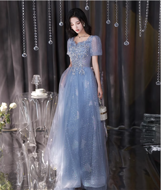 Dreamy Light Blue Square Neck Puff Sleeve A-line Embroidered Sequined Tulle Long Prom Dress Evening Dress P4478