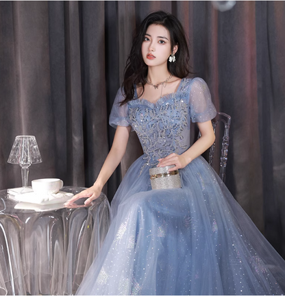 Dreamy Light Blue Square Neck Puff Sleeve A-line Embroidered Sequined Tulle Long Prom Dress Evening Dress P4478