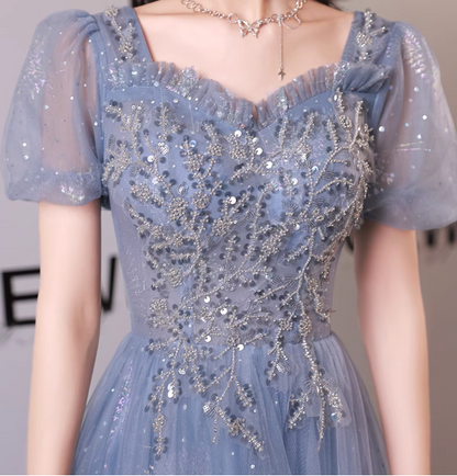 Dreamy Light Blue Square Neck Puff Sleeve A-line Embroidered Sequined Tulle Long Prom Dress Evening Dress P4478
