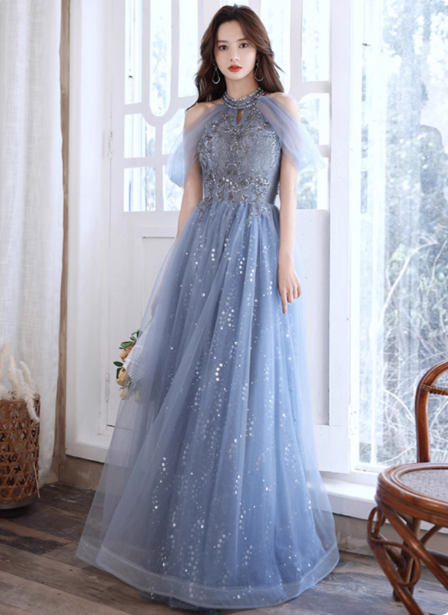 Elegant Light Haze Blue A-line Halter Cold Shoulder Tulle Long Prom Dress Evening Dress P4479