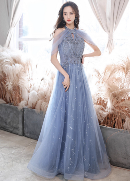 Elegant Light Haze Blue A-line Halter Cold Shoulder Tulle Long Prom Dress Evening Dress P4479
