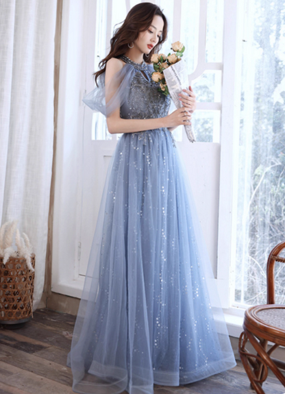 Elegant Light Haze Blue A-line Halter Cold Shoulder Tulle Long Prom Dress Evening Dress P4479