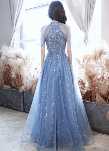 Elegant Light Haze Blue A-line Halter Cold Shoulder Tulle Long Prom Dress Evening Dress P4479