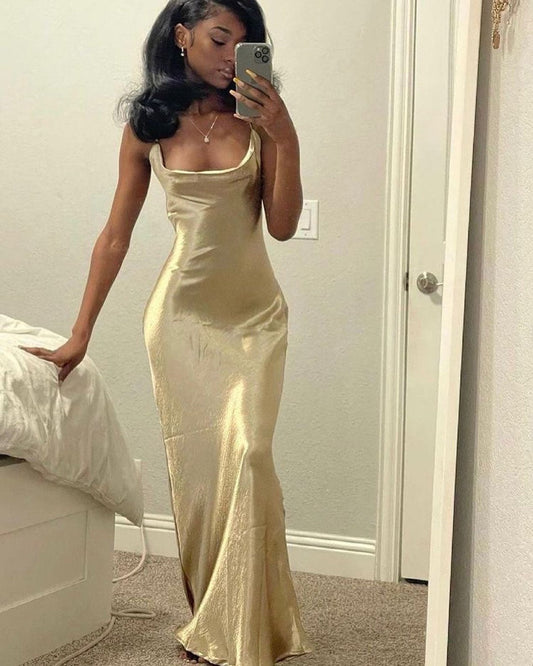 PM453, Simple Gold Silk Satin Prom Dresses, Square Neck Long Prom Dress Party Dress