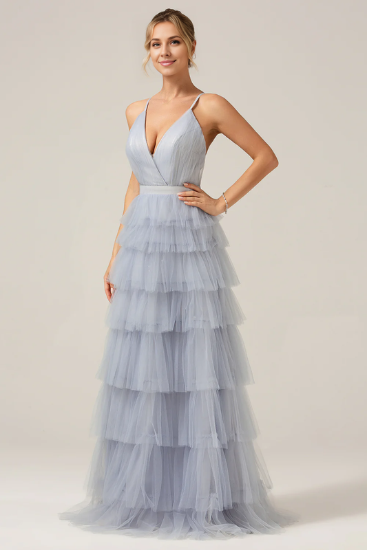 omberprom A-Line Prom Dresses Spaghetti Straps Tiered Long Tulle Maxi Dress Elegant Evening Party Dress
