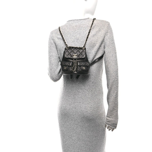 Shiny Caviar Quilted Small Duma Pockets Drawstring Backpack Black