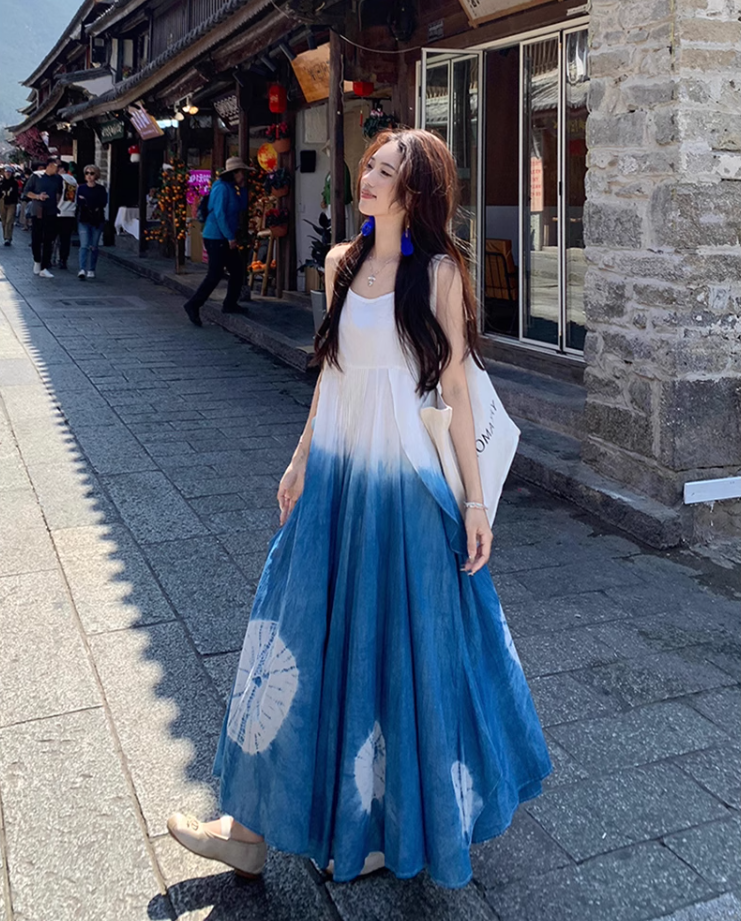 Fairy ruffle blue tie-dye color matching long skirt travel wear suspender dress R1712