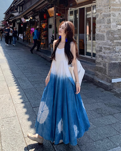 Fairy ruffle blue tie-dye color matching long skirt travel wear suspender dress R1712