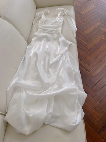 Elegant And Simple White Bud Square Neck Suspender Satin Prom Dress Evening Dress Bridesmaid Dress P4048