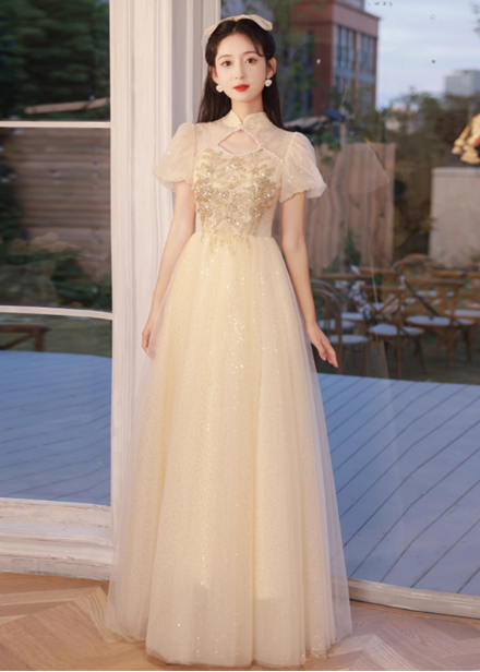 Elegant Champagne Apricot A-line Puff Sleeve Embroidered Tulle Long Prom Dress Evening Dress P4480