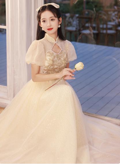 Elegant Champagne Apricot A-line Puff Sleeve Embroidered Tulle Long Prom Dress Evening Dress P4480