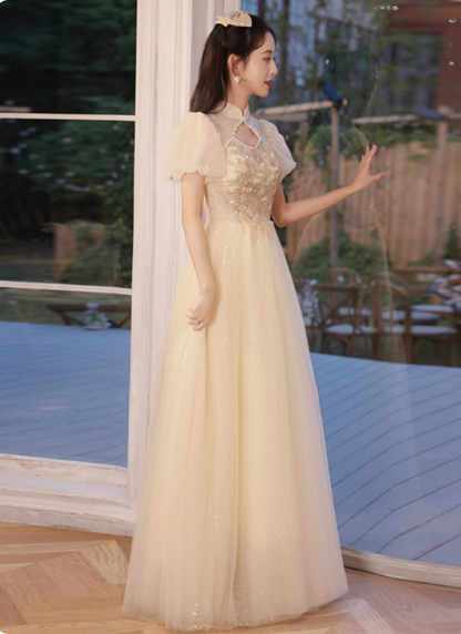 Elegant Champagne Apricot A-line Puff Sleeve Embroidered Tulle Long Prom Dress Evening Dress P4480