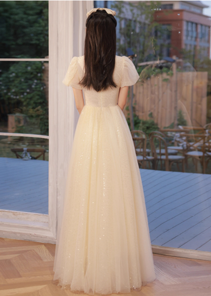 Elegant Champagne Apricot A-line Puff Sleeve Embroidered Tulle Long Prom Dress Evening Dress P4480