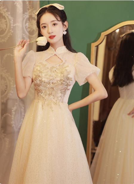 Elegant Champagne Apricot A-line Puff Sleeve Embroidered Tulle Long Prom Dress Evening Dress P4480