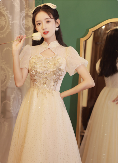 Elegant Champagne Apricot A-line Puff Sleeve Embroidered Tulle Long Prom Dress Evening Dress P4480