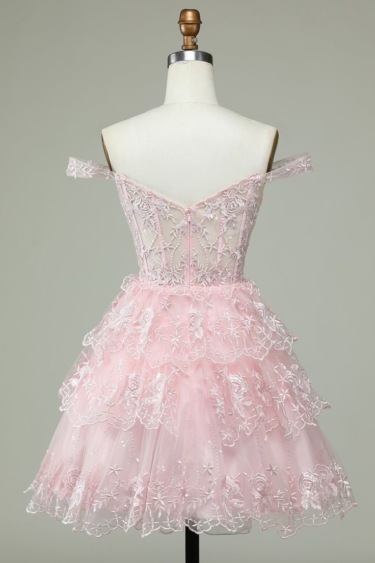 Vintage Pink Floral Embroidery Design A-line Off-the-shoulder Tiered Homecoming Dress TP3418