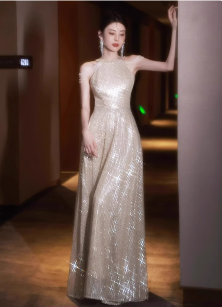 Luxurious Champagne Gold Halter Cold Shoulder Sequined Long Prom Dress Evening Dress P4481