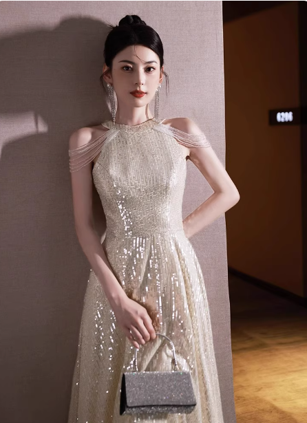 Luxurious Champagne Gold Halter Cold Shoulder Sequined Long Prom Dress Evening Dress P4481