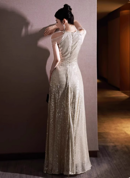 Luxurious Champagne Gold Halter Cold Shoulder Sequined Long Prom Dress Evening Dress P4481