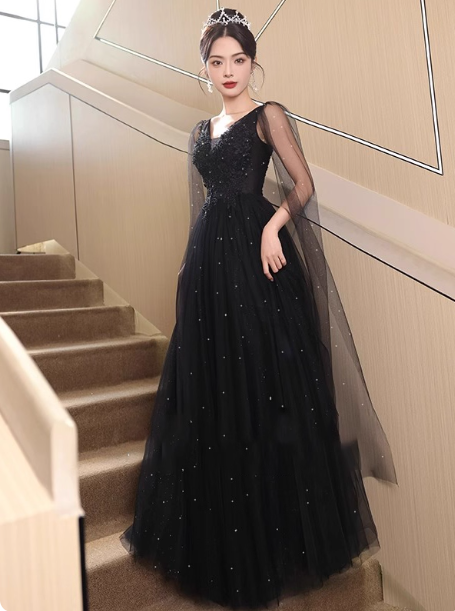 Elegant Black A-line V-neck Shawl Lace Tulle Long Prom Dress Evening Dress P4482
