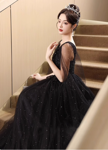 Elegant Black A-line V-neck Shawl Lace Tulle Long Prom Dress Evening Dress P4482