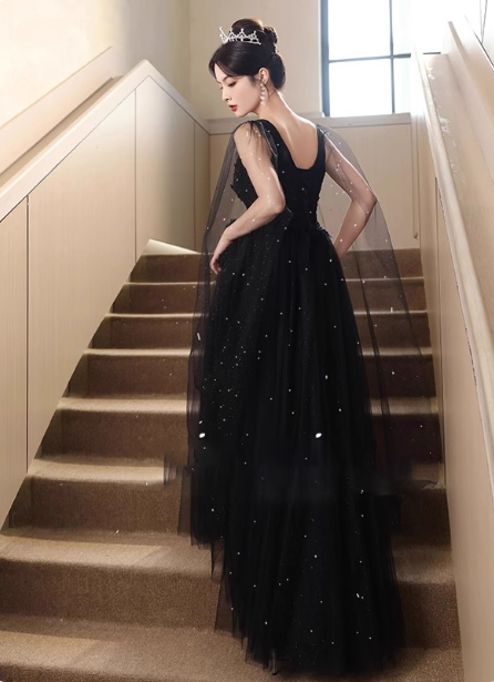 Elegant Black A-line V-neck Shawl Lace Tulle Long Prom Dress Evening Dress P4482