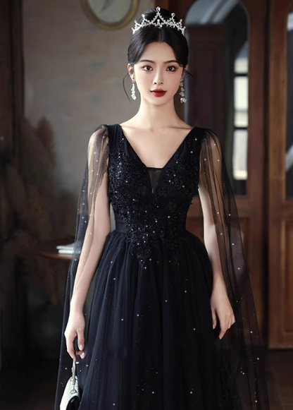 Elegant Black A-line V-neck Shawl Lace Tulle Long Prom Dress Evening Dress P4482