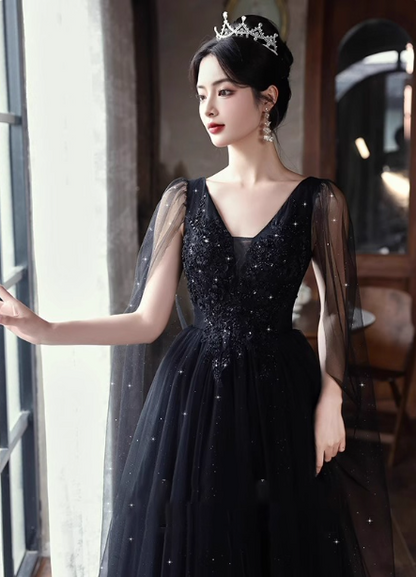 Elegant Black A-line V-neck Shawl Lace Tulle Long Prom Dress Evening Dress P4482