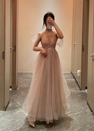 Elegant Pink A-line Halter Tulle Long  Prom Dress Evening Dress P4483