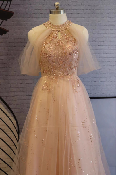 Elegant Pink A-line Halter Tulle Long  Prom Dress Evening Dress P4483