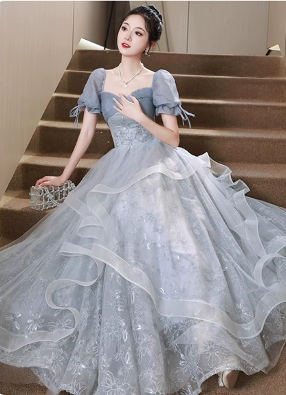 Princess Slate Blue A-line Puff Sleeve Embroidered Tulle Long Prom Dress Evening Dress P4484